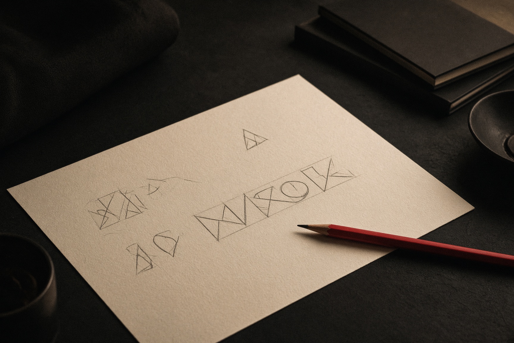 Sketches for a client's logo on paper, with a red pencil